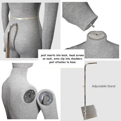 Posable female foam mannequin in grey, black, and beige for display, showing flexible joints and realistic female form.