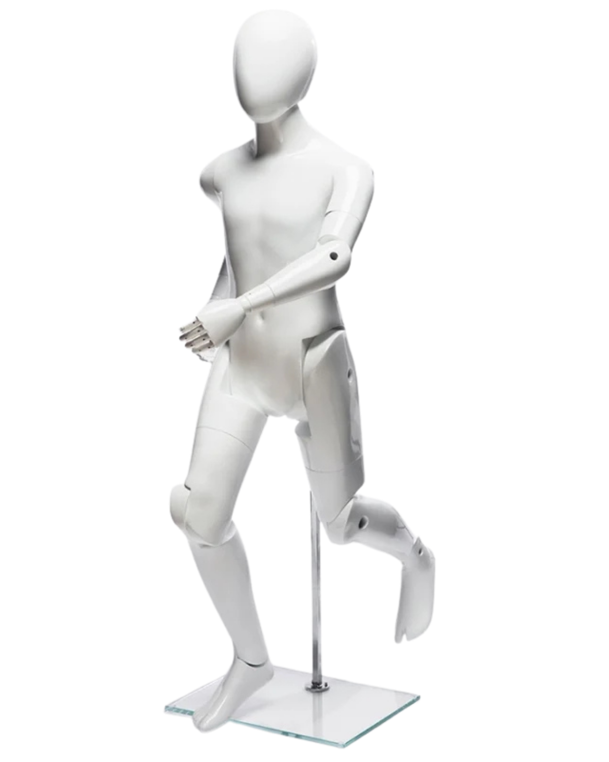 Glossy white fiberglass 10T child mannequin in dynamic running pose
