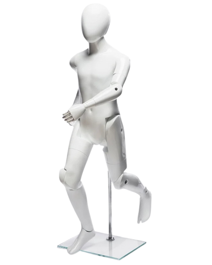 Glossy white fiberglass 10T child mannequin in dynamic running pose