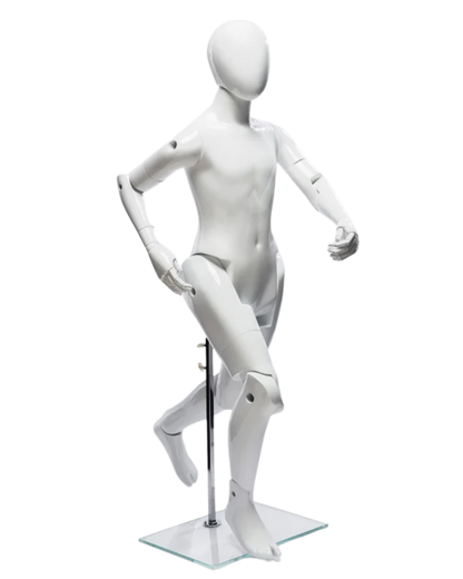 Glossy white posable 10T child mannequin in athletic action pose