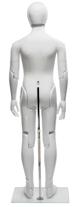 Back view of glossy white articulated youth mannequin