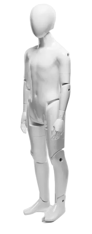Standing angle view of glossy white posable youth mannequin