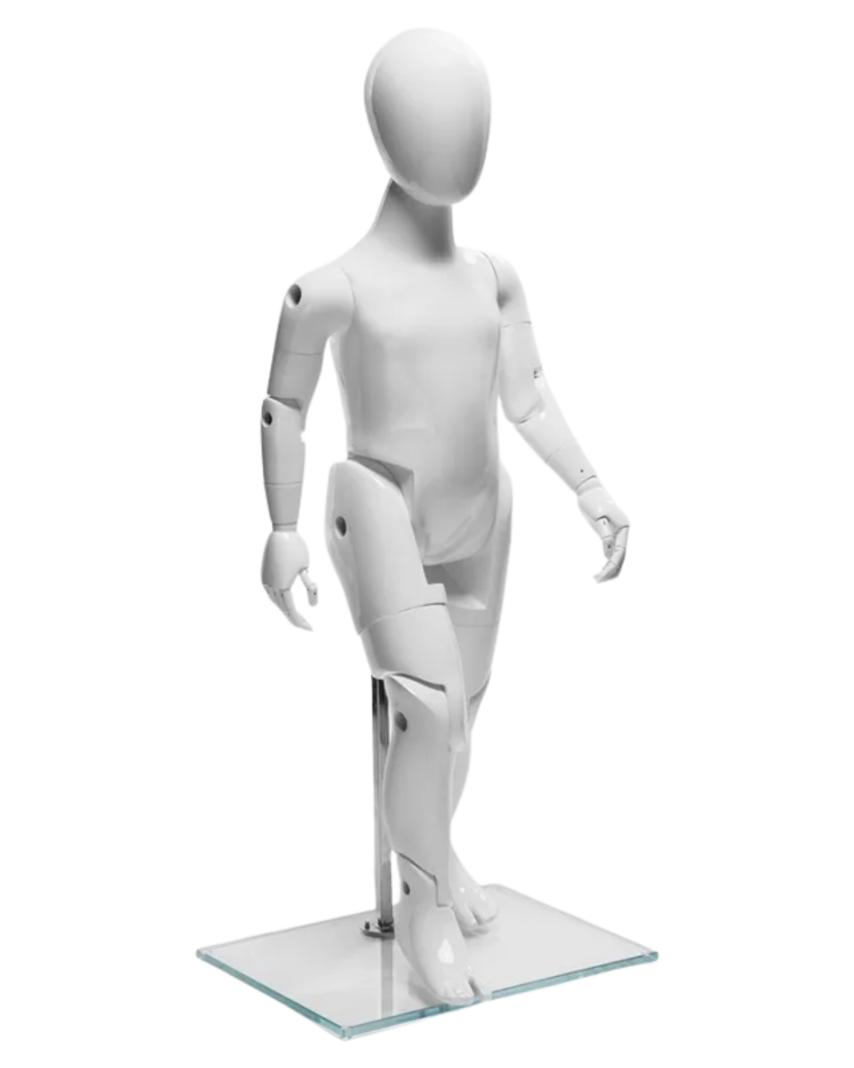 Glossy white fiberglass posable 3T child mannequin with articulated limbs