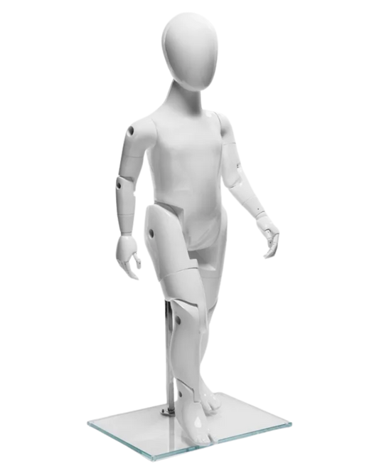 Glossy white fiberglass posable 3T child mannequin with articulated limbs