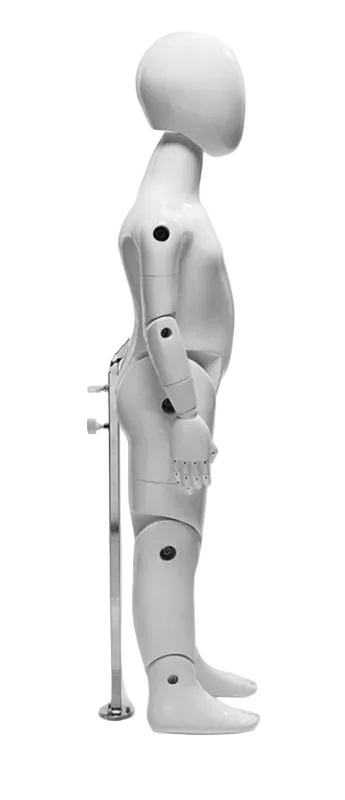 Side view of glossy white articulated child mannequin