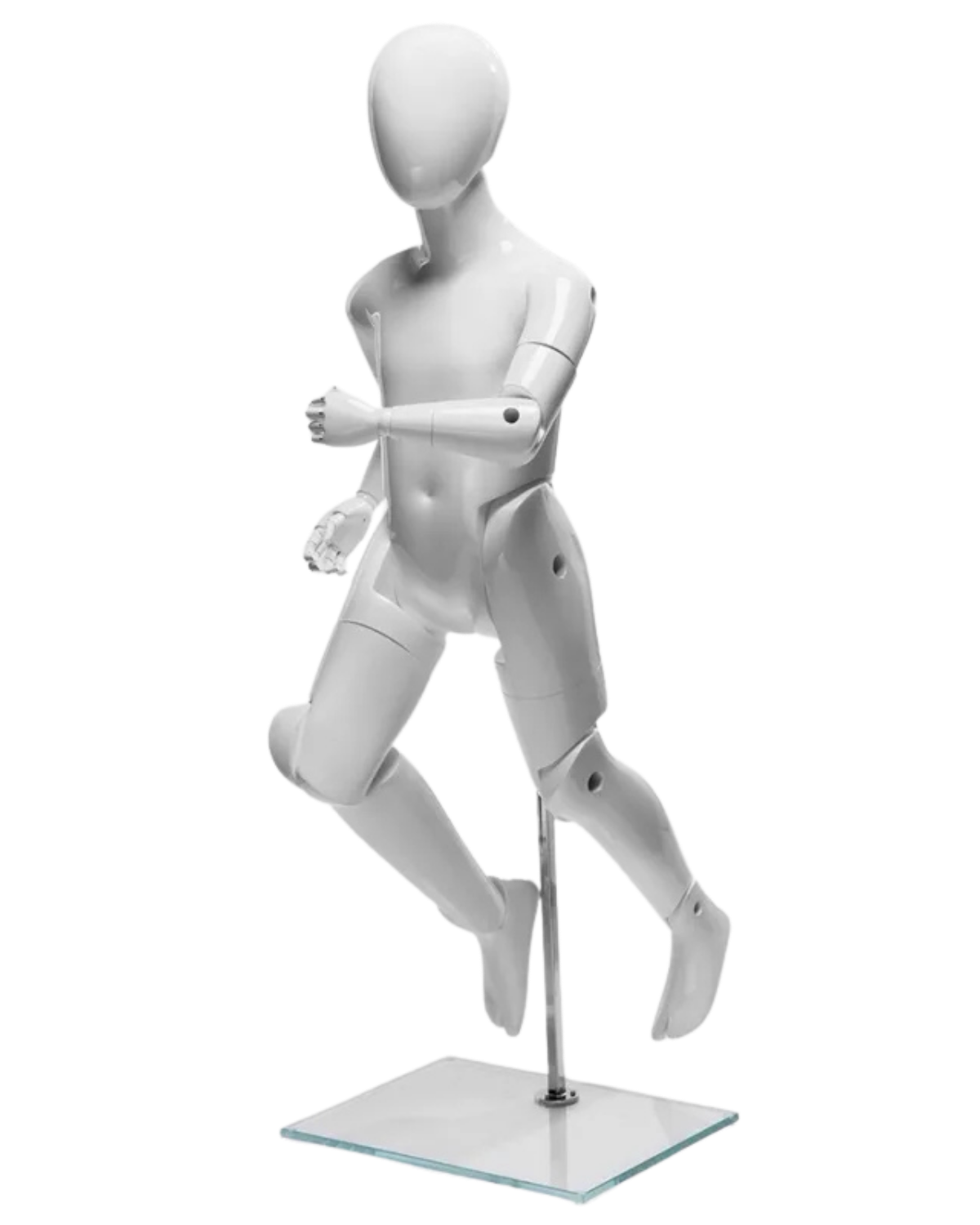 Posable glossy white youth mannequin in dynamic running position