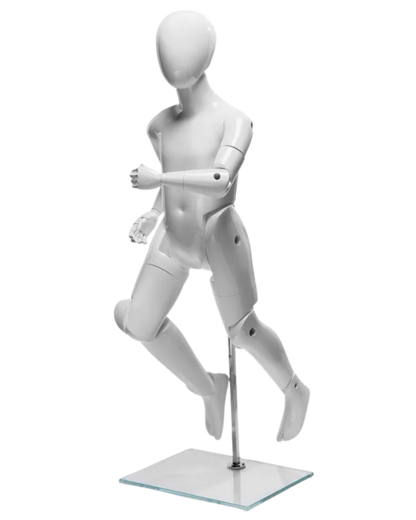 Posable glossy white youth mannequin in dynamic running position