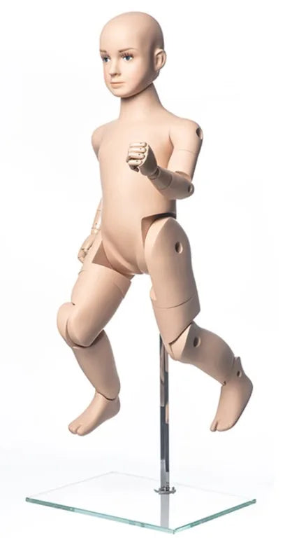 Realistic fiberglass 3T child mannequin in dynamic running pose