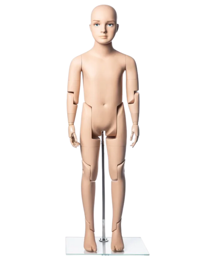 Front view of realistic fiberglass 6T child mannequin with articulated joints