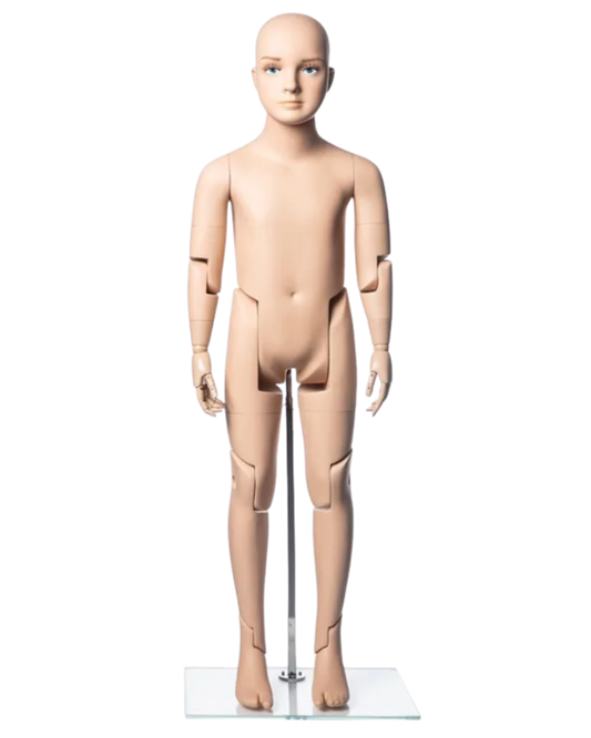 Front view of realistic fiberglass 6T child mannequin with articulated joints