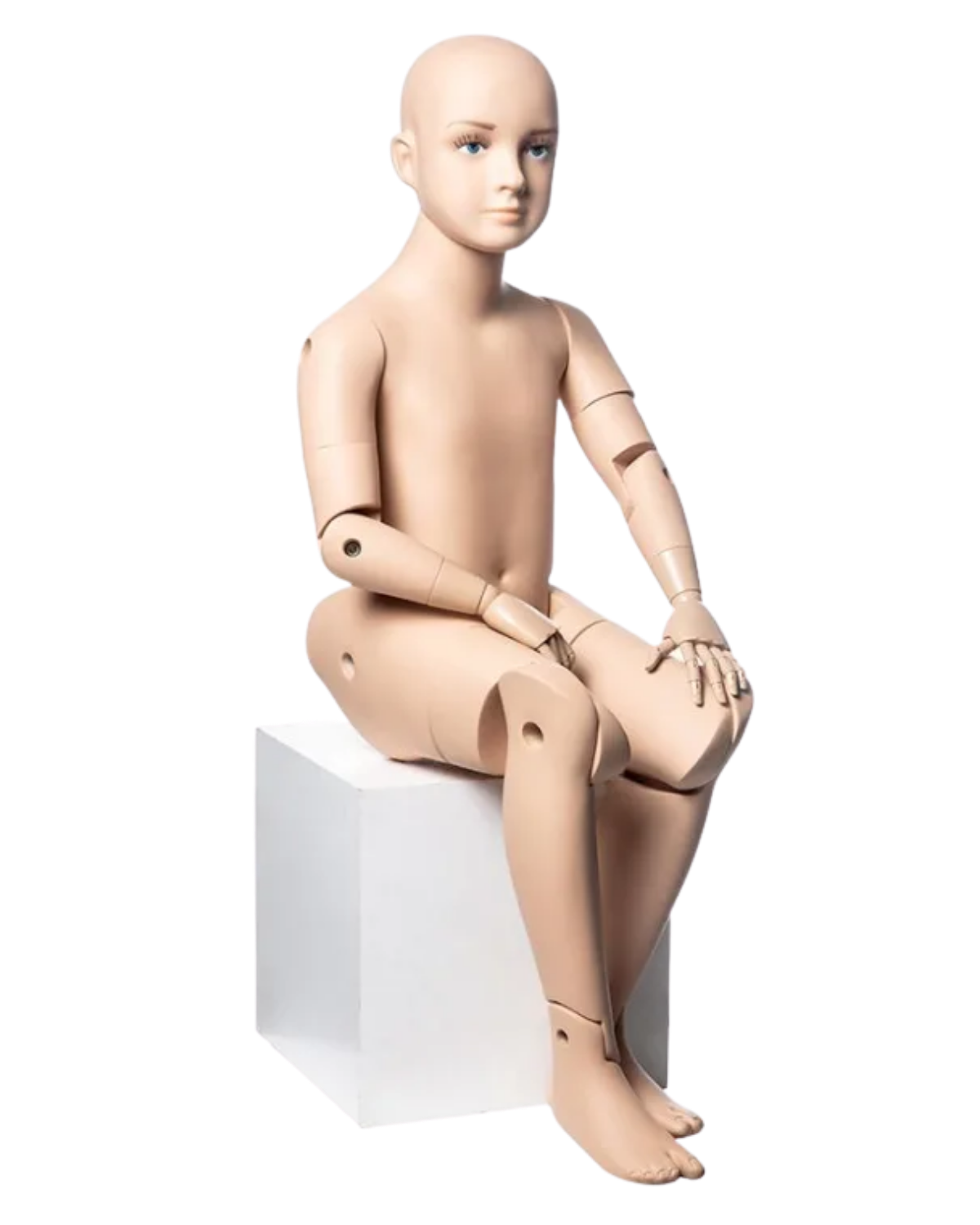 Realistic posable 6T child mannequin seated in lifestyle display position