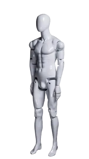 back view glossy white male mannequin articulated joints