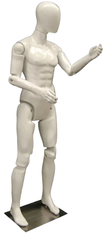 angled glossy white male mannequin flexible arms display