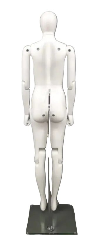 Back view of glossy white female mannequin showing support rod and articulation