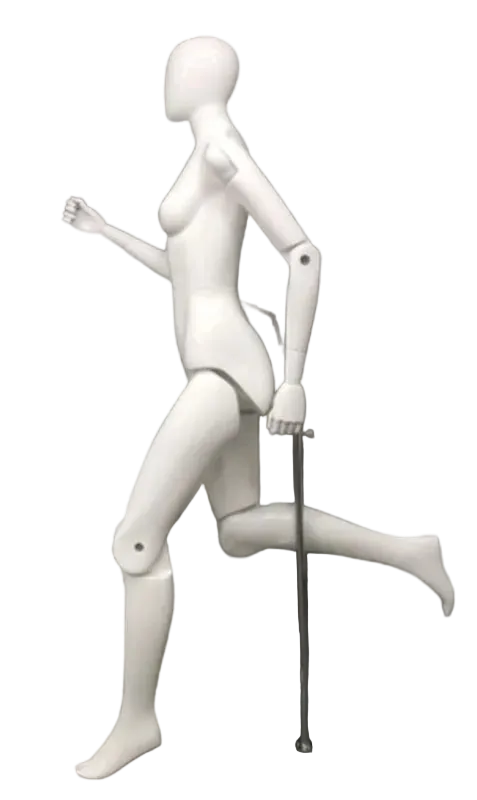 Glossy white posable female mannequin in running pose with articulated joints