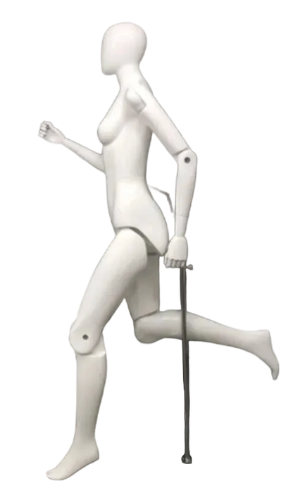 Glossy white posable female mannequin in running pose with articulated joints