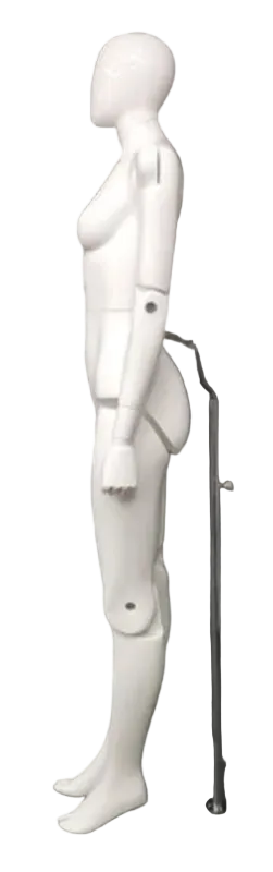 Side view of glossy white posable female mannequin with adjustable joints