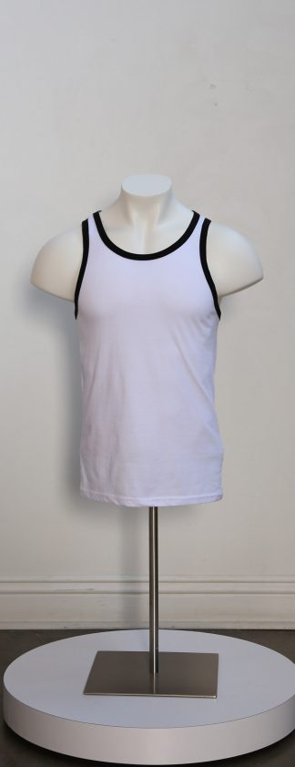 White tank top with black straps on a mannequin against a plain background