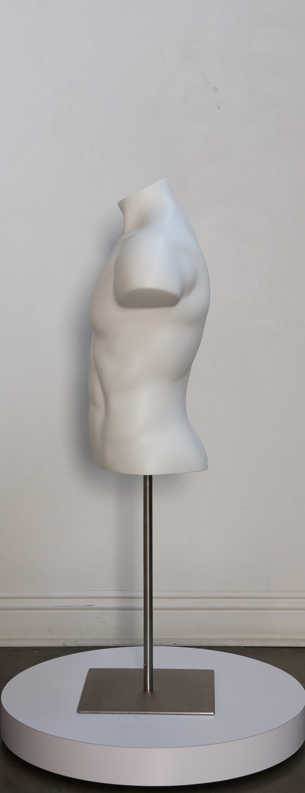 Posable male torso display form in multiple colors, showing realistic human features and flexible poseability for retail mannequins.