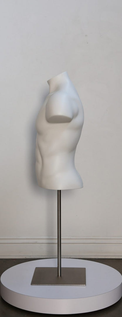 Posable male torso display form in multiple colors, showing realistic human features and flexible poseability for retail mannequins.