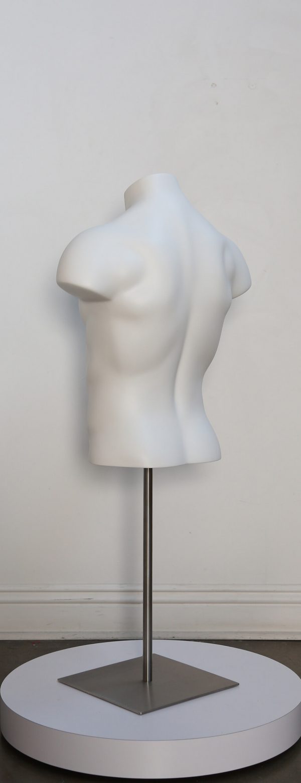 Posable male torso display form in multiple colors, showcasing flexible mannequin with realistic muscular details and adjustable pose.