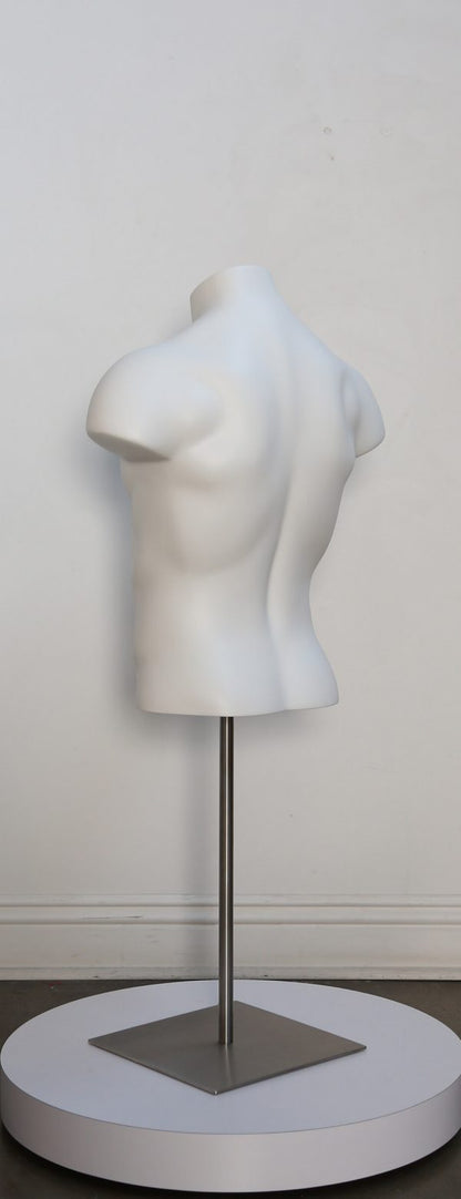 Posable male torso display form in multiple colors, showcasing flexible mannequin with realistic muscular details and adjustable pose.