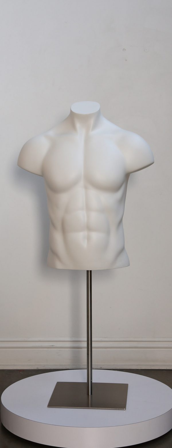 Posable male torso display mannequin in multiple colors, showing realistic human torso with adjustable pose for retail displays
