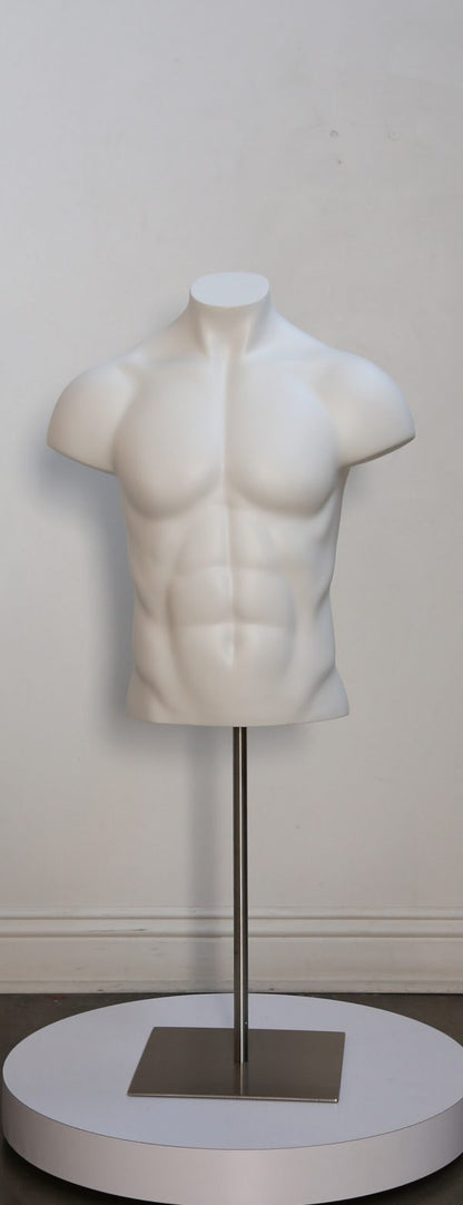Posable male torso display mannequin in multiple colors, showing realistic human torso with adjustable pose for retail displays
