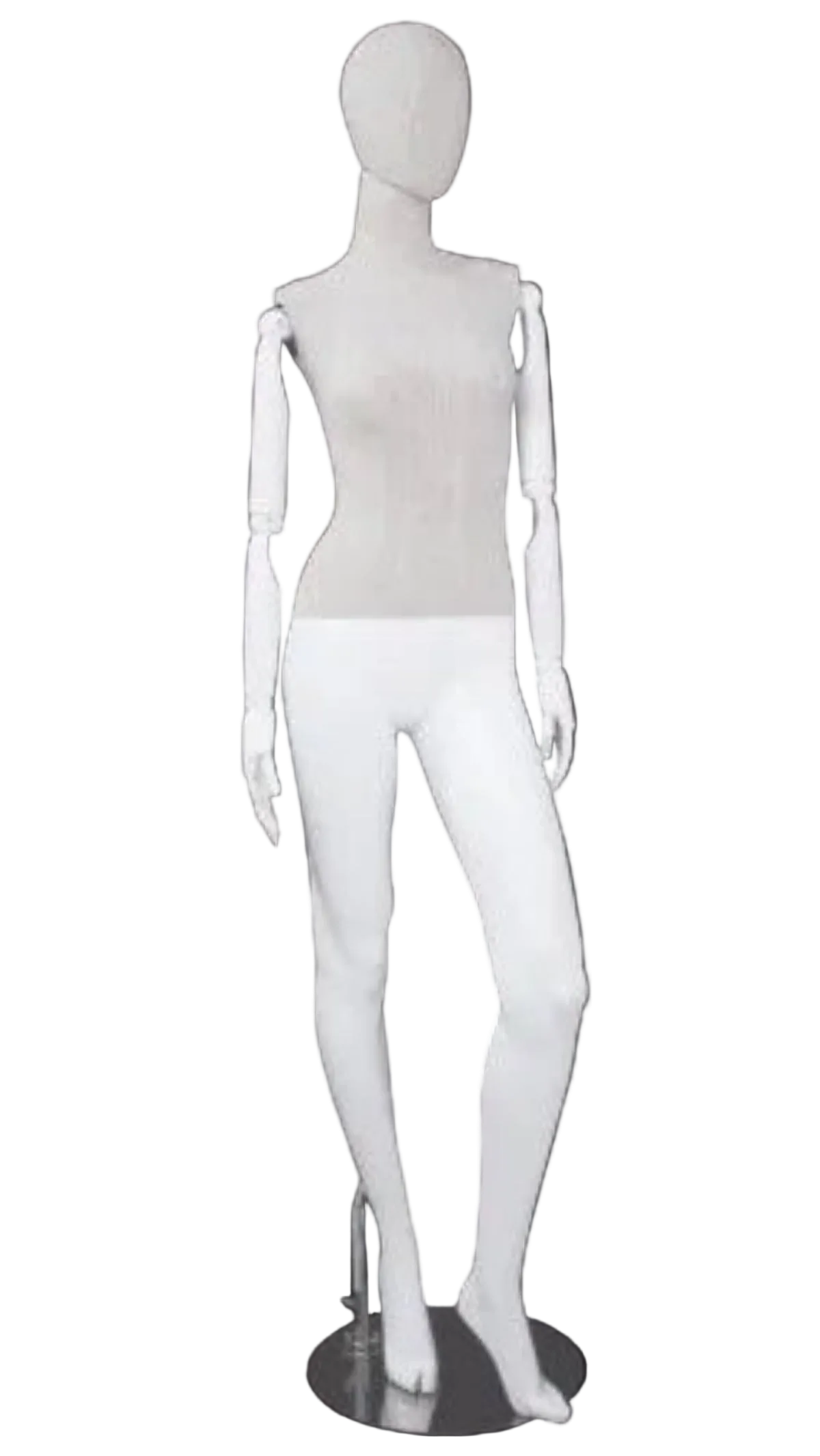 Linen mixed fabric female mannequin with bendable wooden arms left leg bent pose
