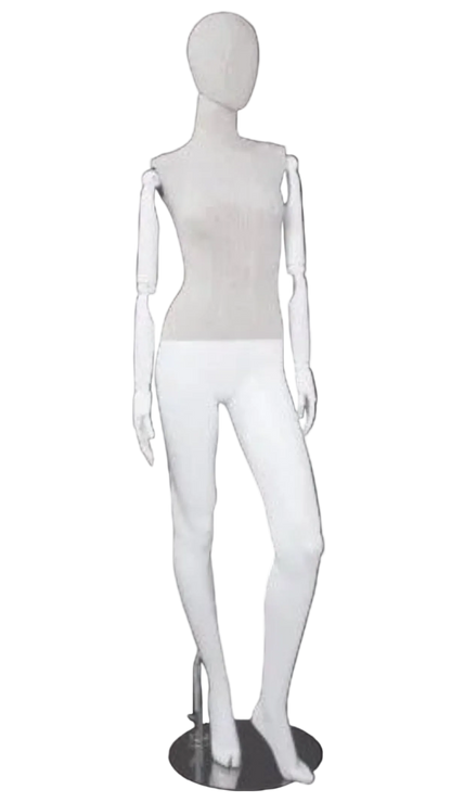 Linen mixed fabric female mannequin with bendable wooden arms left leg bent pose