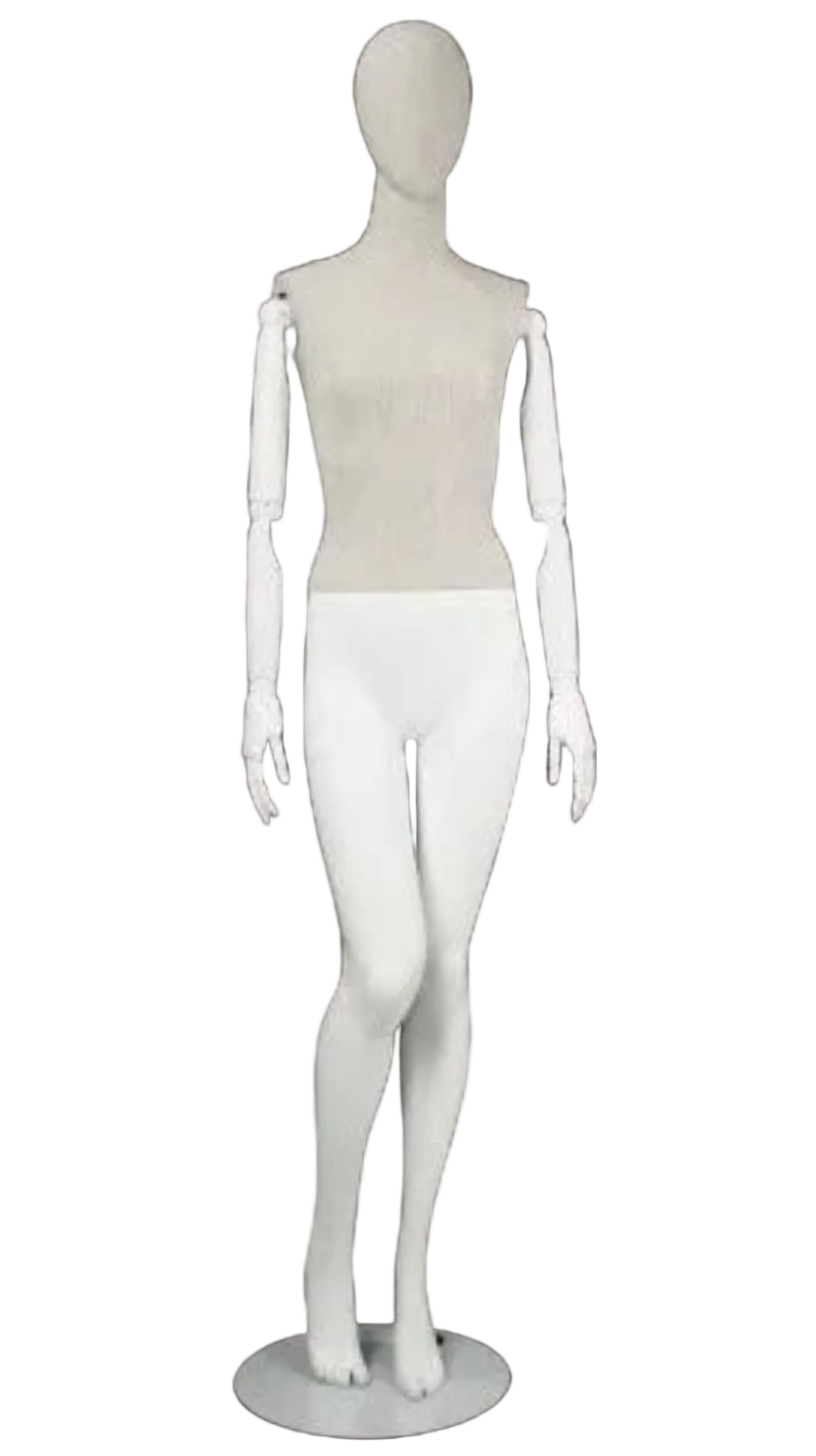 Linen mixed fabric female mannequin with bendable wooden arms cross leg pose