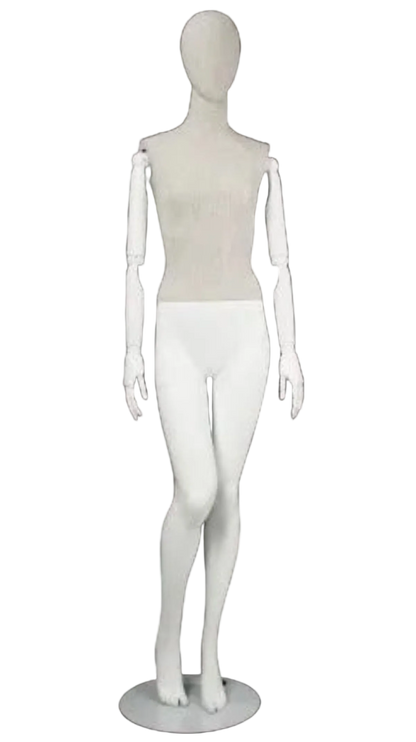 Linen mixed fabric female mannequin with bendable wooden arms cross leg pose