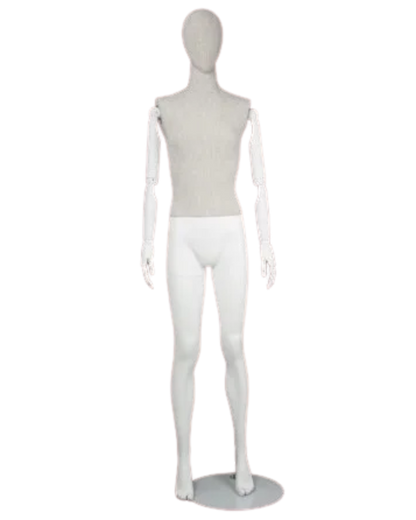 Linen mixed fabric female mannequin with bendable wooden arms straight pose