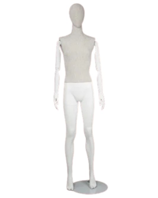 Linen mixed fabric female mannequin with bendable wooden arms straight pose