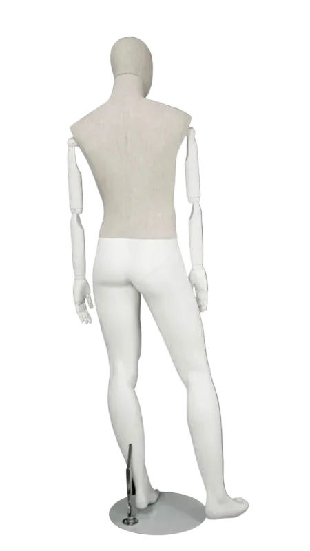 Back view of linen mixed fabric male mannequin with bendable wooden arms