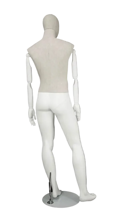Back view of linen mixed fabric male mannequin with bendable wooden arms