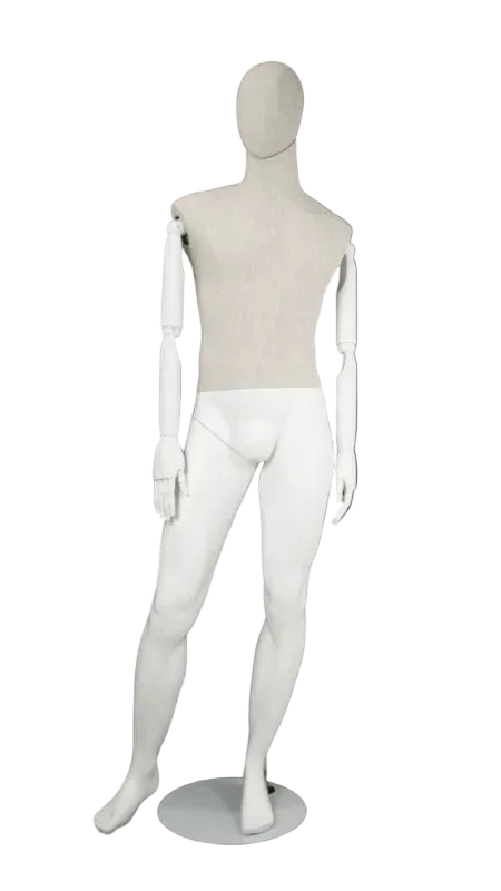 Linen mixed fabric male mannequin with bendable wooden arms in right leg bent pose