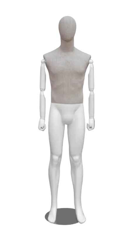 Linen mixed fabric male mannequin with bendable wooden arms in straight pose