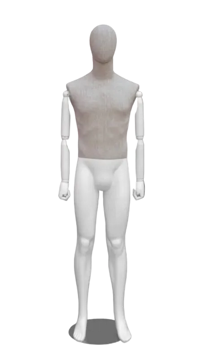 Linen mixed fabric male mannequin with bendable wooden arms in straight pose