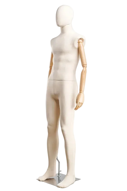 canvas mannequin male with wooden arms angled display