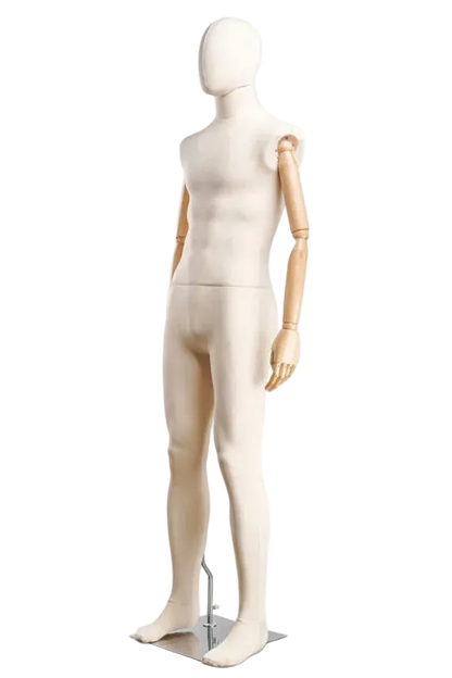 canvas mannequin male with wooden arms angled display