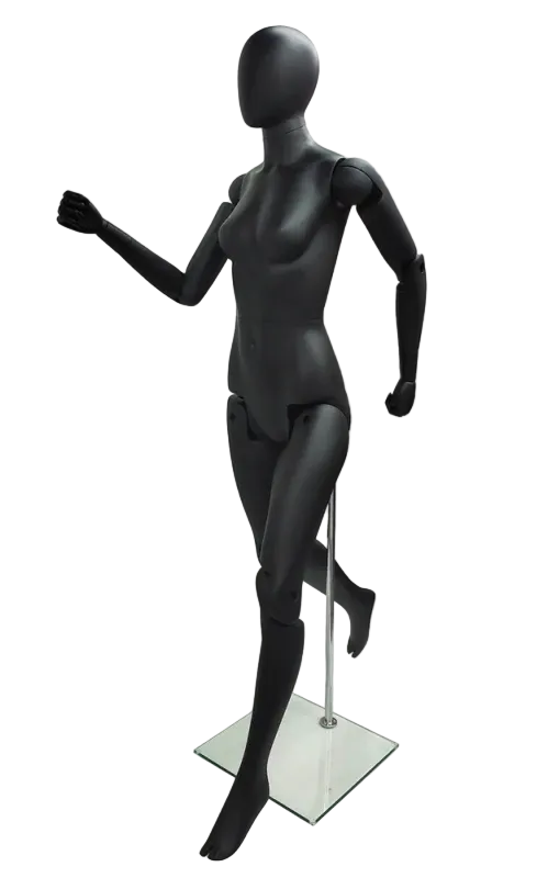 Matte black posable female mannequin in dynamic running pose with articulated arms and legs