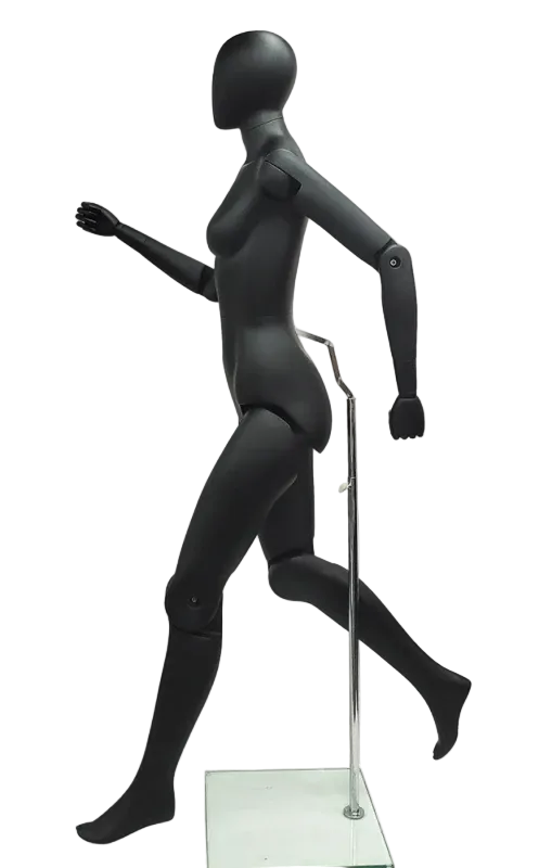Side view of matte black athletic female mannequin with flexible joints in running position