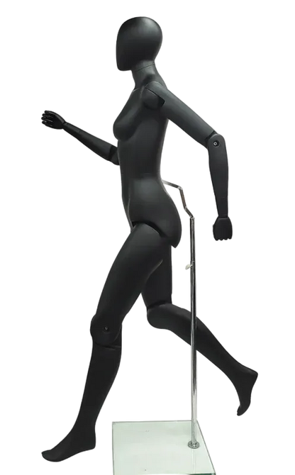 Side view of matte black athletic female mannequin with flexible joints in running position
