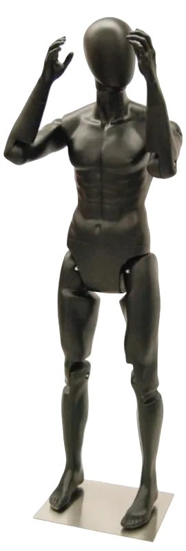 Matte black articulated male mannequin posed with raised arms for dynamic retail display