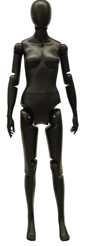 matte black posable female mannequin angled articulated joints retail display