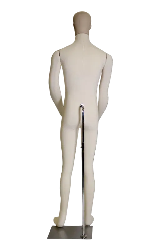 Rear angled view of flexible male foam mannequin with realistic proportions and jersey fabric finish