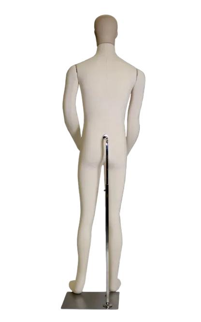 Rear angled view of flexible male foam mannequin with realistic proportions and jersey fabric finish