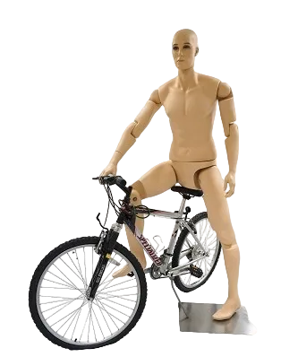 Fully posable male mannequin seated on bicycle for activewear and sports merchandising display