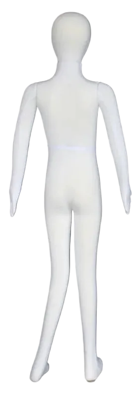 Back view of white jersey covered egghead mannequin
